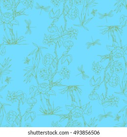 Seamless pattern in the chinoiserie style with peonies, dragonfly and bird on blue background for wedding, scrapbooking, wallpaper and other design.