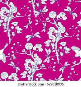 Seamless pattern in the chinoiserie style with peonies, dragonfly and bird on purple background for wedding, scrapbooking, wallpaper and other design.