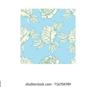Seamless pattern in the chinoiserie style with peonies and leaves, on blue background for wedding, scrapbooking, wallpaper and other design.