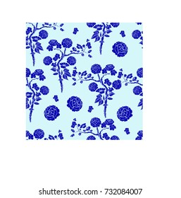 Seamless pattern in the chinoiserie style with peonies on  blue background for wedding, scrapbooking, wallpaper and other design.