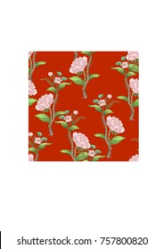 Seamless pattern in the chinoiserie style with peonies on red background for wedding, scrapbooking, wallpaper and other design.