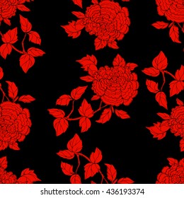 Seamless pattern in the chinoiserie style with red peonies, on black  background for wedding, scrapbooking, wallpaper and other design.  Chinese Peony.