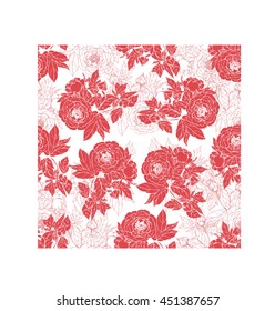 Seamless pattern in the chinoiserie style with red peonies, on white background for wedding, scrapbooking, wallpaper and other design. Chinese Peony.