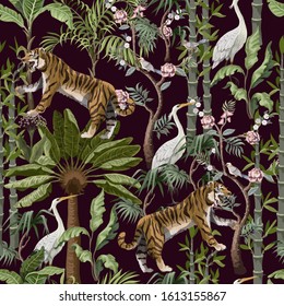 Seamless pattern in chinoiserie style with tiger, heron and jungle trees.