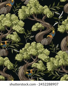Seamless pattern in chinoiserie style with trees and plants. Vector