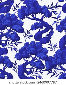 Seamless pattern in chinoiserie style with trees and plants. Vector