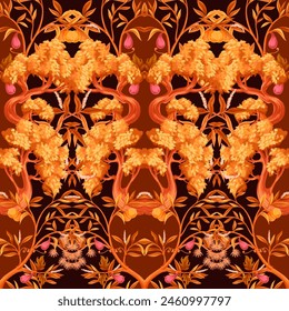 Seamless pattern in chinoiserie style with trees and plants. Vector