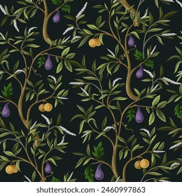 Seamless pattern in chinoiserie style with trees and plants. Vector