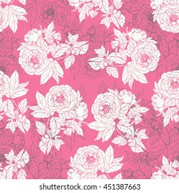Seamless pattern in the chinoiserie style with white peonies, on pink background for wedding, scrapbooking, wallpaper and other design. Chinese Peony.