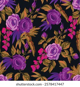 Seamless pattern with Chintz flowers and leaves. Vector