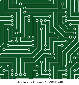 Seamless pattern with chip. Gray wires, green background. Vector image. Suitable for technical sites and printing.