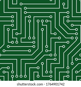 Seamless pattern with chip. Gray wires, green background. Vector image. Suitable for technical sites and printing.