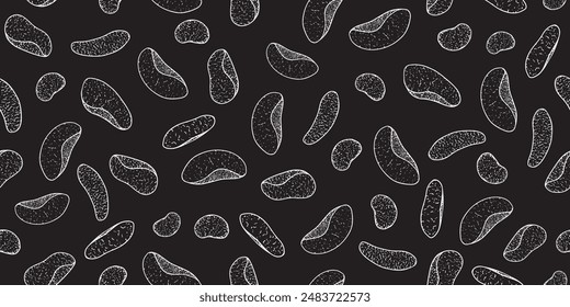 Seamless pattern with chips. Black and white background with potato chips. Sketch style illustration. Drawn on chalkboard chips