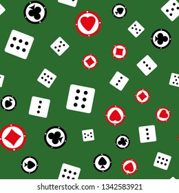 Seamless pattern with chips and dices. Casino print. Vector illustration.