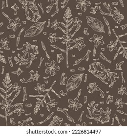 Seamless pattern with chitrak: chitrak plant, leaves, plumbago zeylanica root and chitrak flowers. Plumbago zeylanica. Cosmetic and medical plant. Vector hand drawn illustration.