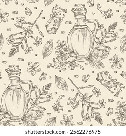 Seamless pattern with chitrak: chitrak plant, leaves, plumbago zeylanica root and chitrak flowers and bottle of chitrak oil. Plumbago zeylanica. Vector hand drawn illustration