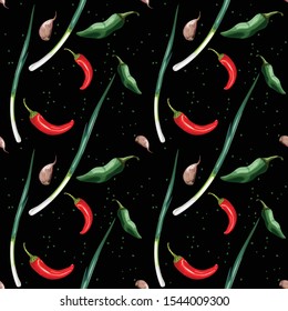 Seamless pattern with chives, hot pepper and garlic. Spicy seasonings. Wallpaper, print, packaging, paper, textile design. Vector illustration.