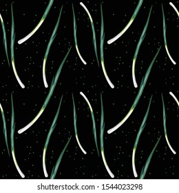 Seamless pattern with chives on a black background. Wallpaper, print, packaging, paper, textile design. Vector illustration.