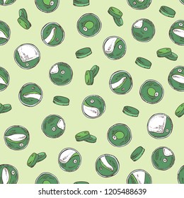 Seamless pattern with chlorella: chlorella seaweed, powder and tablet. Unicellular green algae. Edible seaweed. Vector hand drawn illustration.