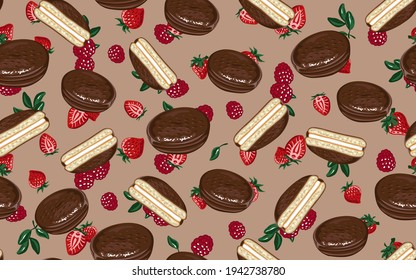 Nahtloses Muster mit Choco-Kuchen und Erdbeeren, süßer Nachtisch. Vektorgrafik