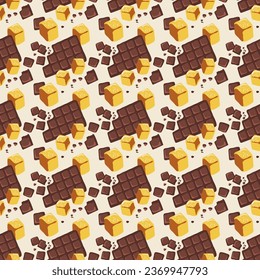 Seamless Pattern of Chocolate bar and caramel on dark background. 