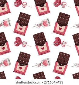 Seamless Pattern With Chocolate Bar And Heart-Shaped Lollipops In Flat Style. Valentine's Day Sweet Treats Texture For Fabric, Background, Packaging, Wallpaper And Surface Design. Candy Love Concept.