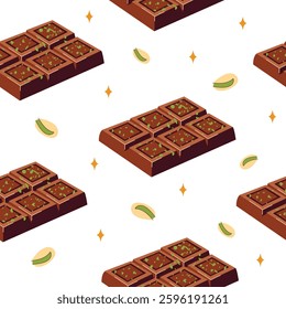 Seamless pattern with chocolate bar and pistachios. Culinary theme pattern, milk dubai chocolate. White isolated background. 
