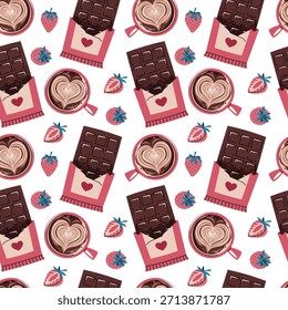 Seamless Pattern With Chocolate Bar, strawberry And Coffee Cup In Flat Style. Cozy Valentine's Day Treat Texture For Fabric, Background, Packaging, Wallpaper And Surface Design. Warm Indulgence