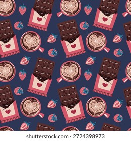 Patrón Sin Costuras Con Barra De Chocolate, Fresa Y Taza De Café En Estilo Plano. Textura Acogedora Del Tratamiento Del Día De San Valentín Para La Tela, El Fondo, El Embalaje, El Fondo de pantalla Y El Diseño De La Superficie. Cálida indulgencia.
