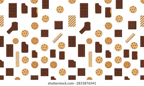 Seamless pattern of chocolate bars, broken pieces and cookies, chocolate