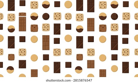 Seamless pattern with chocolate bars and various cookies on white background