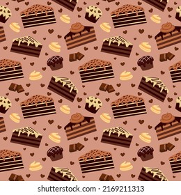 seamless pattern with chocolate brownies and muffins. chocolate products. vector illustration