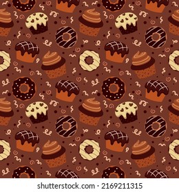 seamless pattern with chocolate brownies and muffins. chocolate products. vector illustration