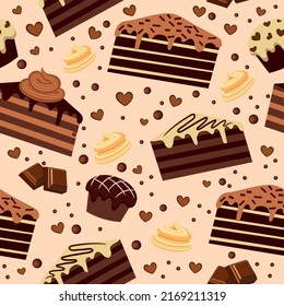 seamless pattern with chocolate brownies and muffins. chocolate products. vector illustration