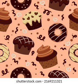 patrón ininterrumpido con brownies de chocolate y muffins. productos de chocolate. ilustración vectorial
