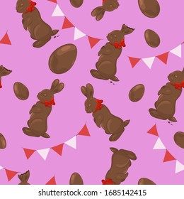 Seamless pattern with chocolate bunnies, eggs, garlands on a pink background. Vector graphics.