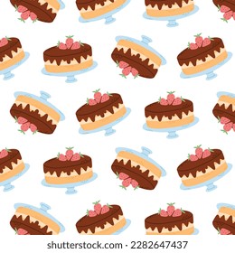 Seamless pattern with chocolate cake. Print with cake and strawberries. Vector illustration. Flat style.