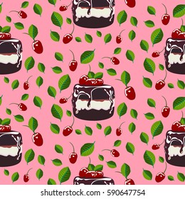 Seamless pattern with chocolate cakes, leaves and cherries. Hand drawn vector illustration.Perfect for menus, invitations, decor for restaurants and birthdays parties