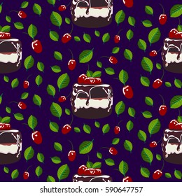 Seamless pattern with chocolate cakes, leaves and cherries. Hand drawn vector illustration. Perfect for menus, invitations, decor for restaurants and birthdays parties