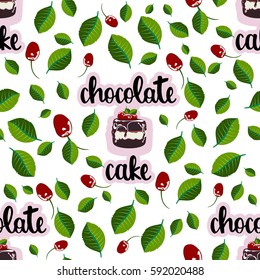 Seamless pattern with chocolate cakes, leaves and cherries. Hand drawn vector illustration. Perfect for menus, invitations, decor for restaurants and birthdays parties