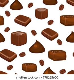 Seamless pattern with chocolate candies with coffee beans.