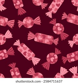 Seamless pattern with chocolate candies with heart shaped foil package on white background. Hand drawn vector illustration in flat style. Valentines day wrapping paper design, wallpaper