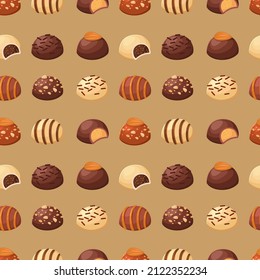 Seamless pattern with chocolate candies on a beige background. Vector illustration in a minimalistic flat style, sweets. Textile printing, print design, postcards