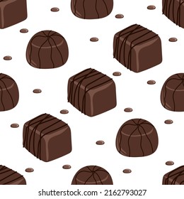 Patrón sin foco con caramelos de chocolate sobre un fondo blanco. Adecuado para textiles, tela, papel pintado, envoltura. Ilustración vectorial dibujada por mano