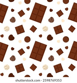 Seamless pattern with chocolate, candies. Vector background with sweets. Milk, white and dark chocolate.