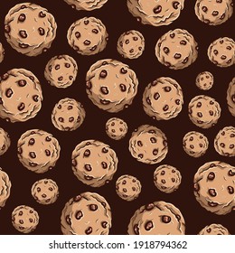 Seamless pattern of chocolate chip cookies. Repetitive background of sweet round biscuits with brown cream on top.