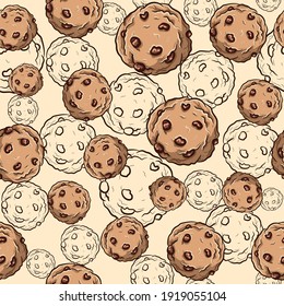 Seamless pattern with chocolate chip cookies. Repetitive background with breakfast biscuits and delicious cupcakes. 