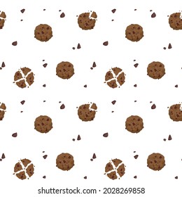 Seamless pattern with chocolate chip cookies on a white background. Vector illustration in minimalistic flat style, hand drawing. Kitchen print for textiles, print design, postcards, menus.