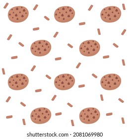 Seamless pattern of chocolate chip cookies. Fun vector illustration of a sweet food. Digital art of a dessert.