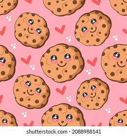 seamless pattern chocolate chip cookies on pink background